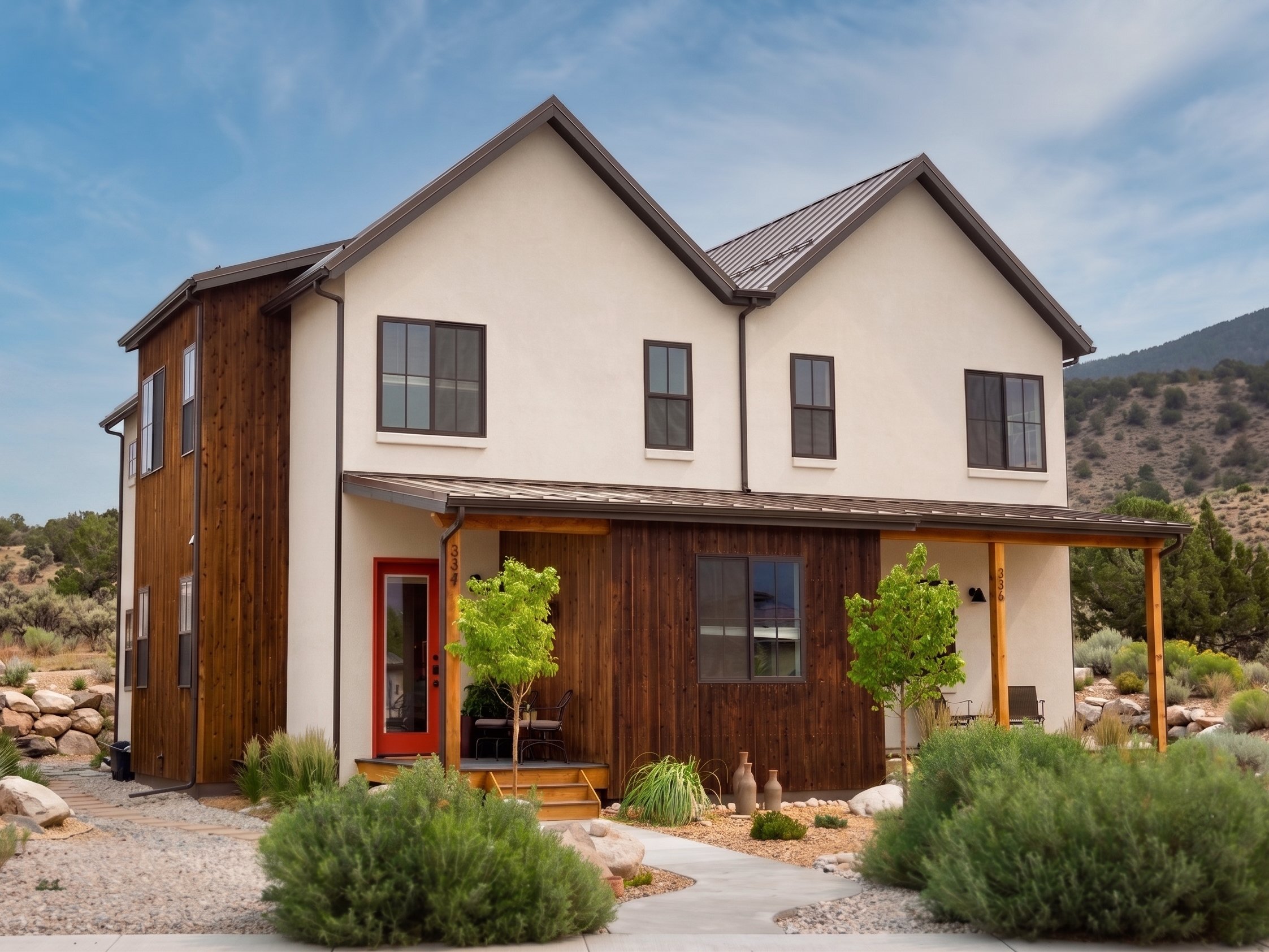 A modern two-story house with a wooden and white exterior, with large windows, a small front porch with plants, surrounded by desert landscaping and mountains in the background.