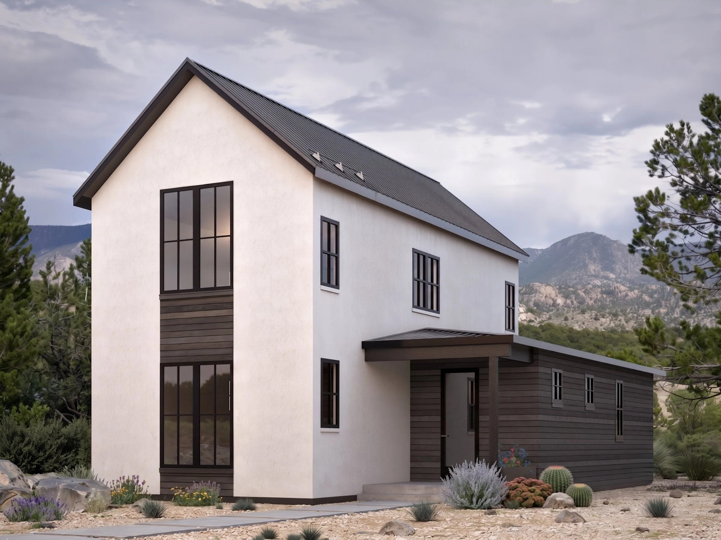 Modern house with white and dark brown exterior, large windows, set in a mountainous landscape with trees and desert plants.