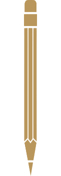 A gold-colored pencil with an eraser at the top and a sharpened tip at the bottom.