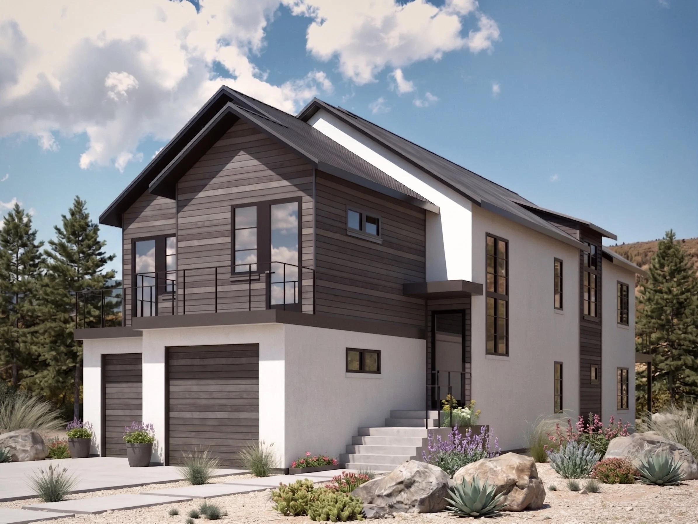 Modern multi-story house with gray and white exterior, large windows, and a sloped roof, set against a partly cloudy sky with trees and rocks in the landscaped yard.