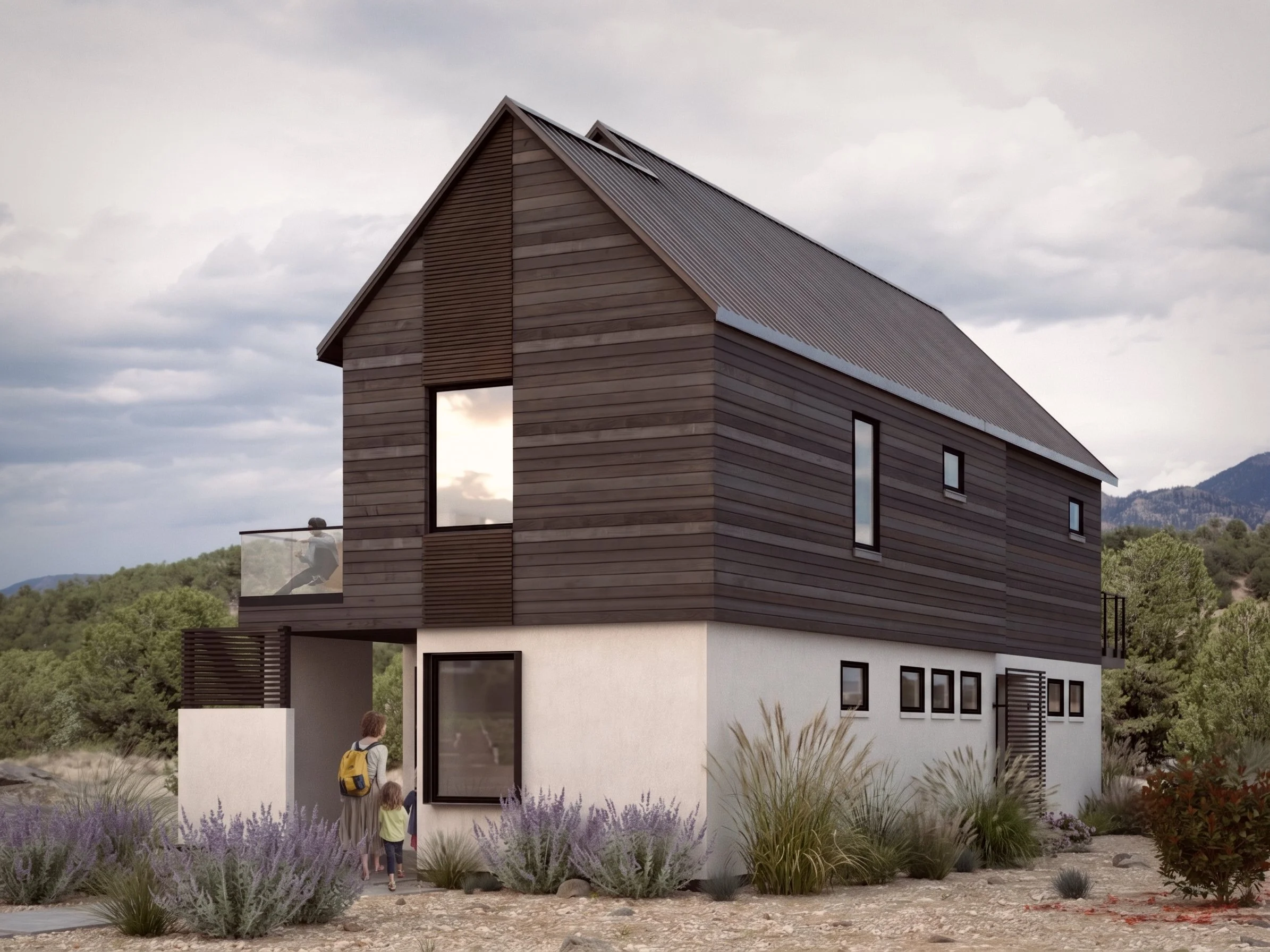 A modern multi-story house with a unique architectural design, featuring a steep gabled roof with wooden siding and large windows, situated in a natural landscape with mountains in the background. There are two children and an adult walking toward the house, and a woman sitting on a balcony.