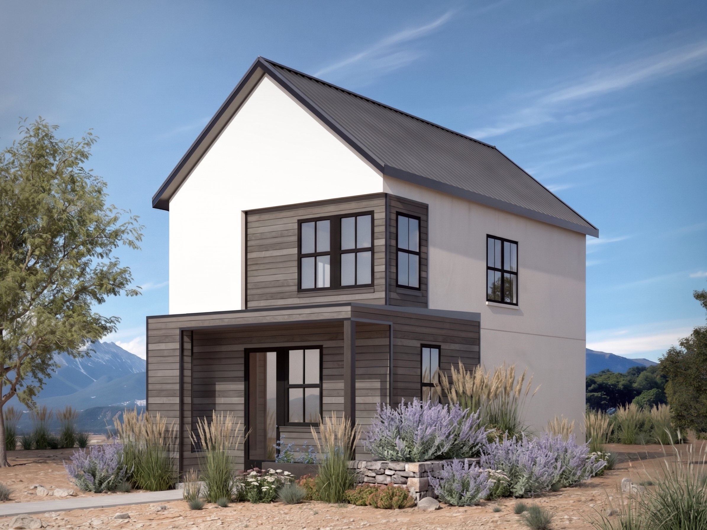 Modern house with large windows and a gray sloped metal roof, surrounded by landscaped garden with purple and white flowers, set against a mountain backdrop under a blue sky.