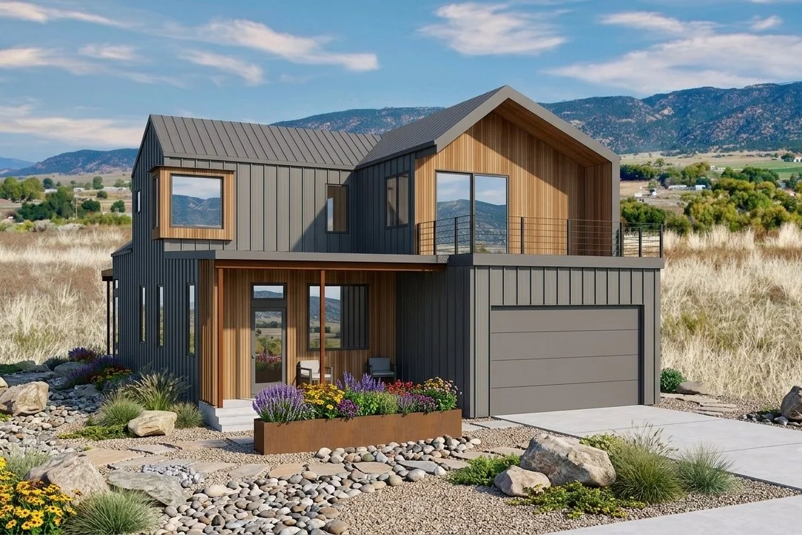 Modern two-story house with metal and wooden exterior, large windows, and a driveway leading to a garage, set in a rural landscape with mountains in the background.