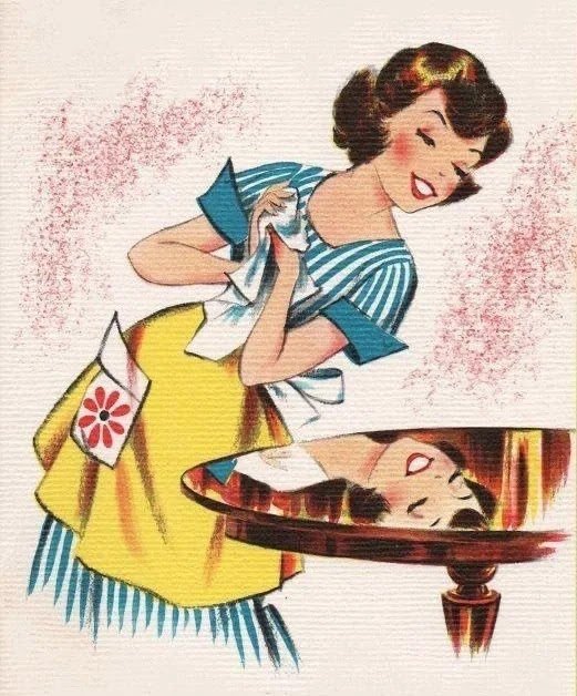 A cheerful woman looking at her clean table.