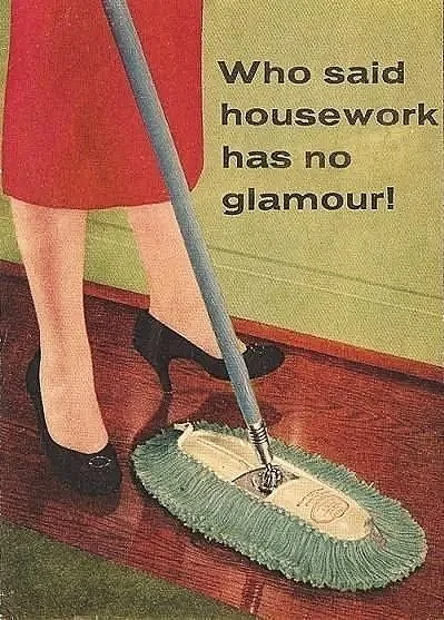A cheeky, retro image reading 'Who said housework has no glamour!'