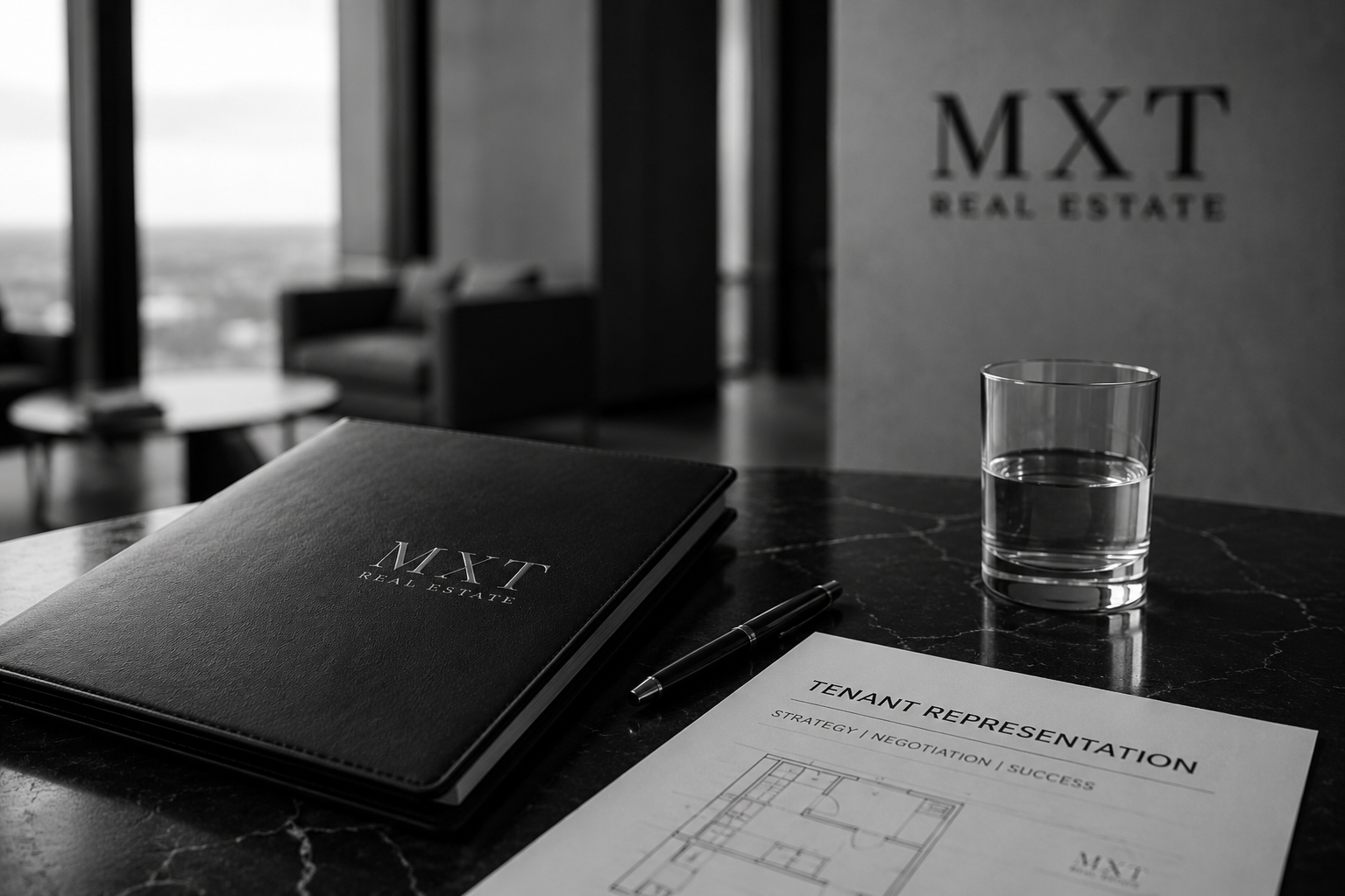 Black leather folder with 'MXT REAL ESTATE' embossed on it, a pen, a glass of water, and a tenant representation floor plan on a dark marble desk. Blurred office space in the background.
