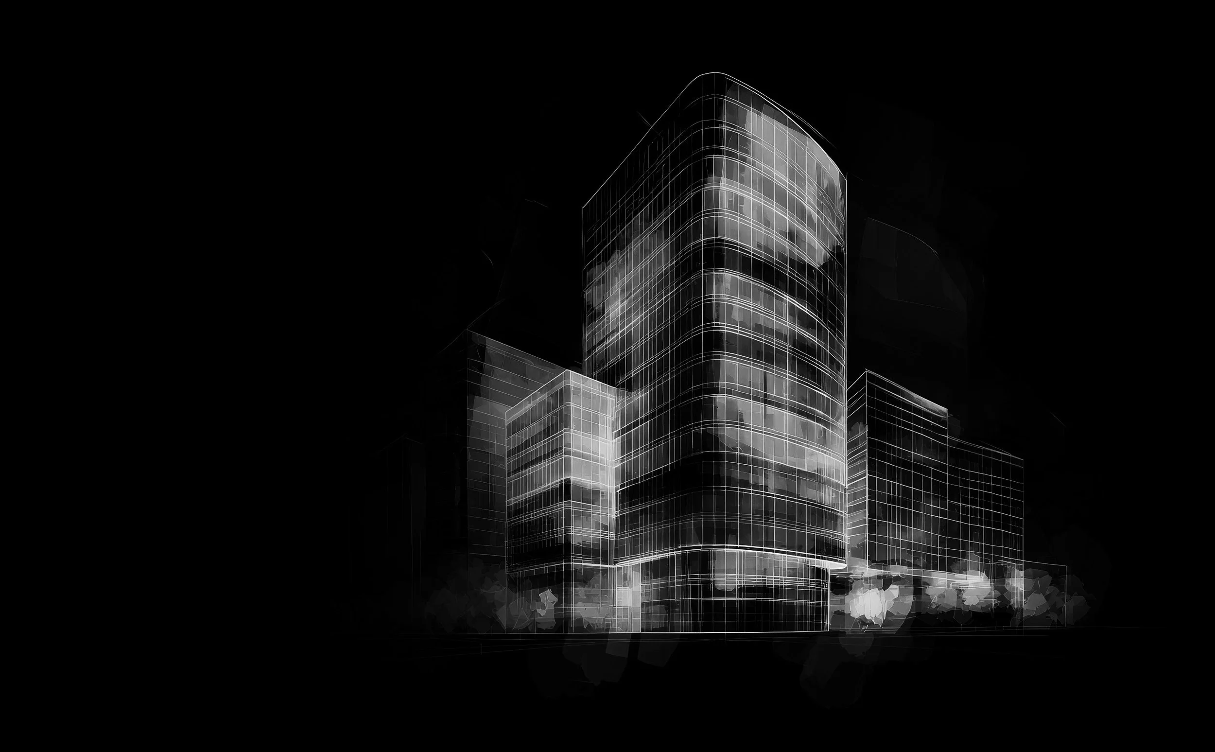 A modern glass skyscraper reflecting clouds in a black and white photo.