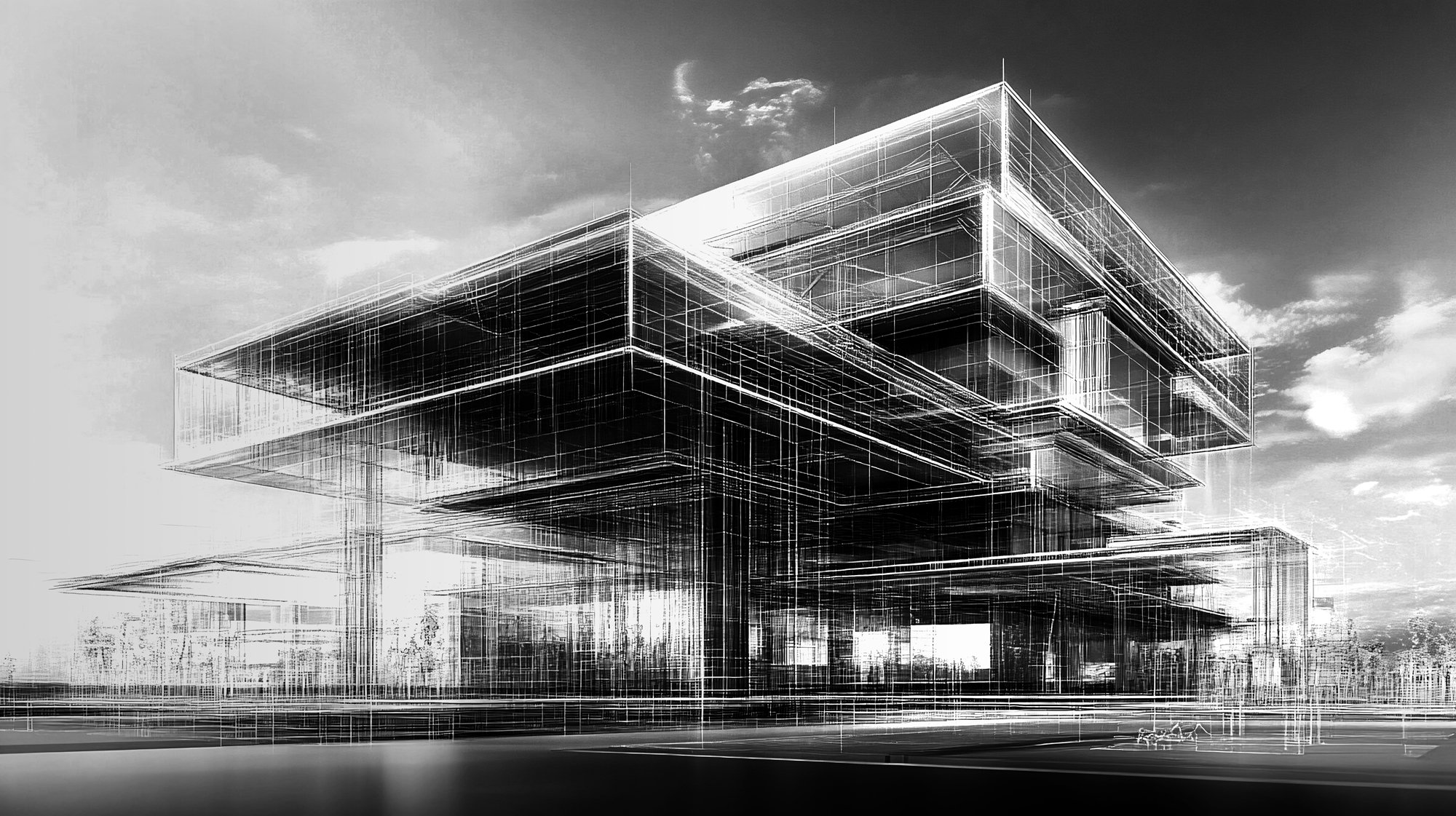 Black and white architectural drawing of a modern multi-level building with glass exterior and overhanging upper floors, set against a cloudy sky.