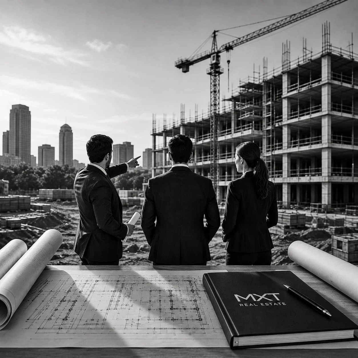 Three professionals in business suits looking at a construction site with a crane and unfinished building, with city skyscrapers in the background, in black and white.