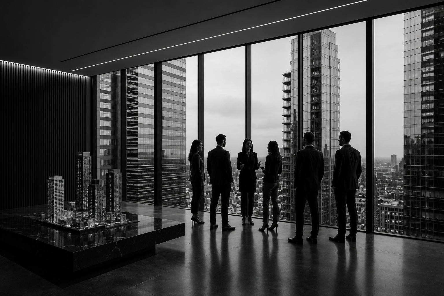 Six business professionals in formal attire standing and conversing in an office with large floor-to-ceiling windows overlooking a cityscape with tall skyscrapers.