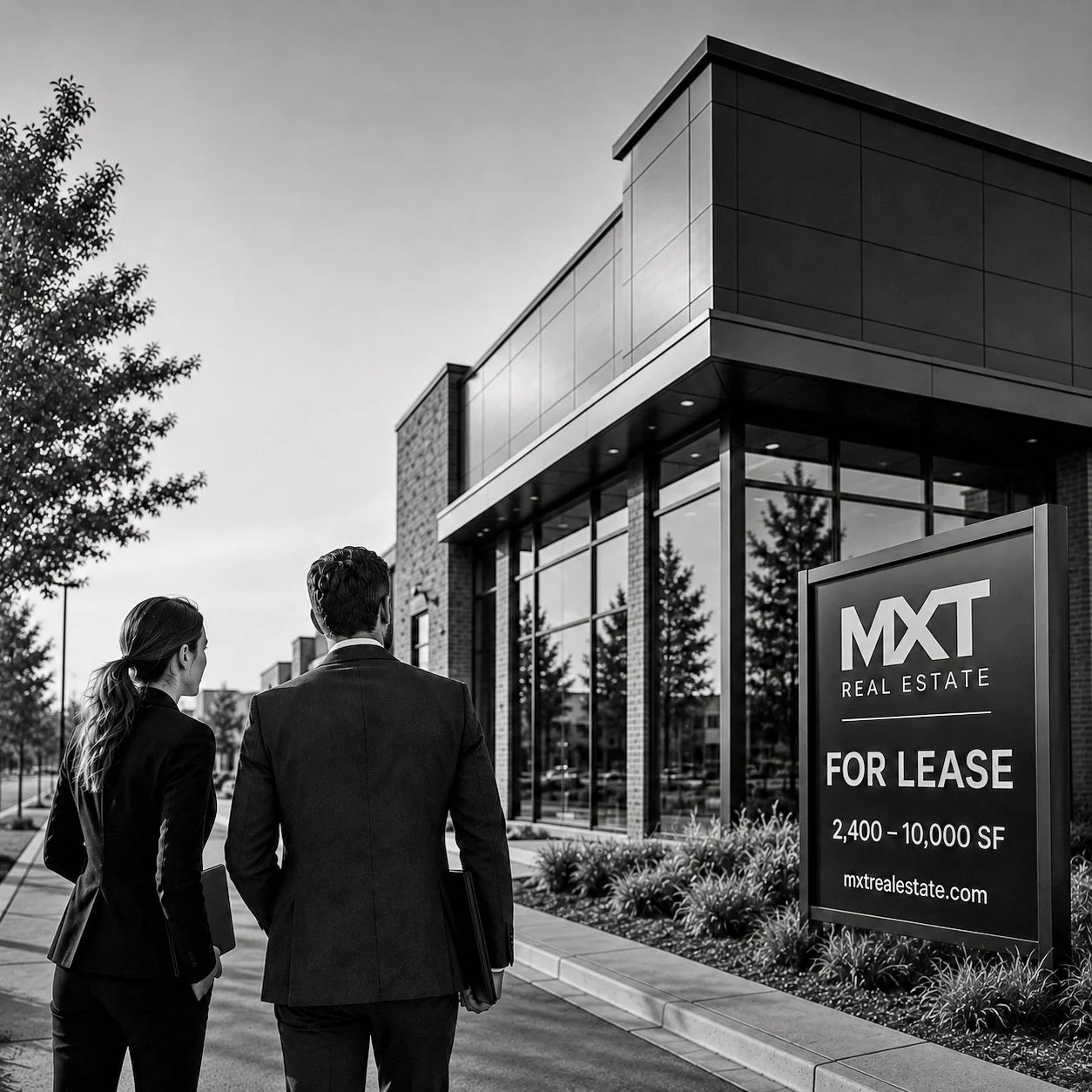 Two business professionals, a woman and a man, walk past a real estate office with a "For Lease" sign, in front of a modern commercial building.