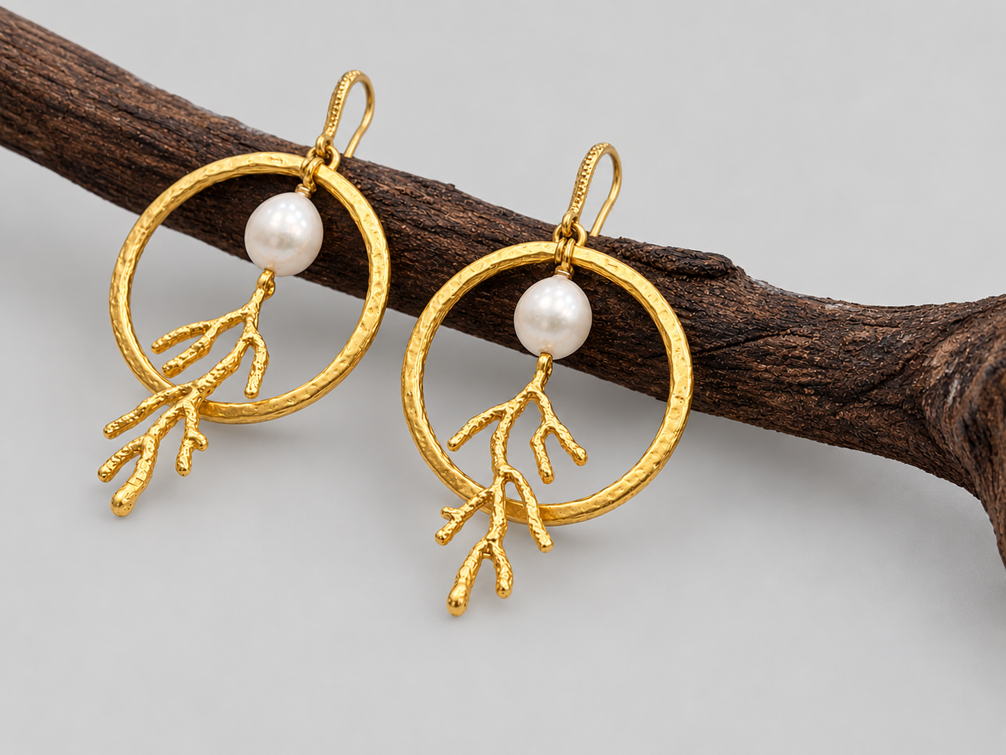 Gold Pearl Twig Earrings on Rustic Branch.png