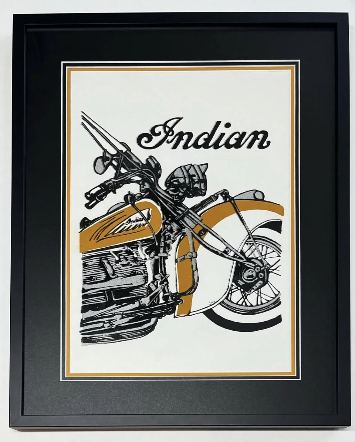 Framed graphic poster of a vintage Indian motorcycle with the word 'Indian' at the top.