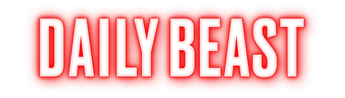 Logo with text 'Daily Beast' in bold white letters with red outline on a white background.