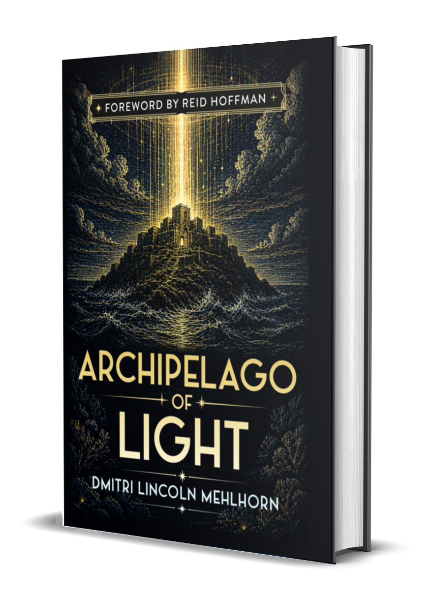 Book cover titled "Archipelago of Light" by Dmitri Lincoln Mehlhorn, featuring a dark ocean with a mountain or island in the background, illuminated by a golden beam of light shooting upward through a cloudy sky.