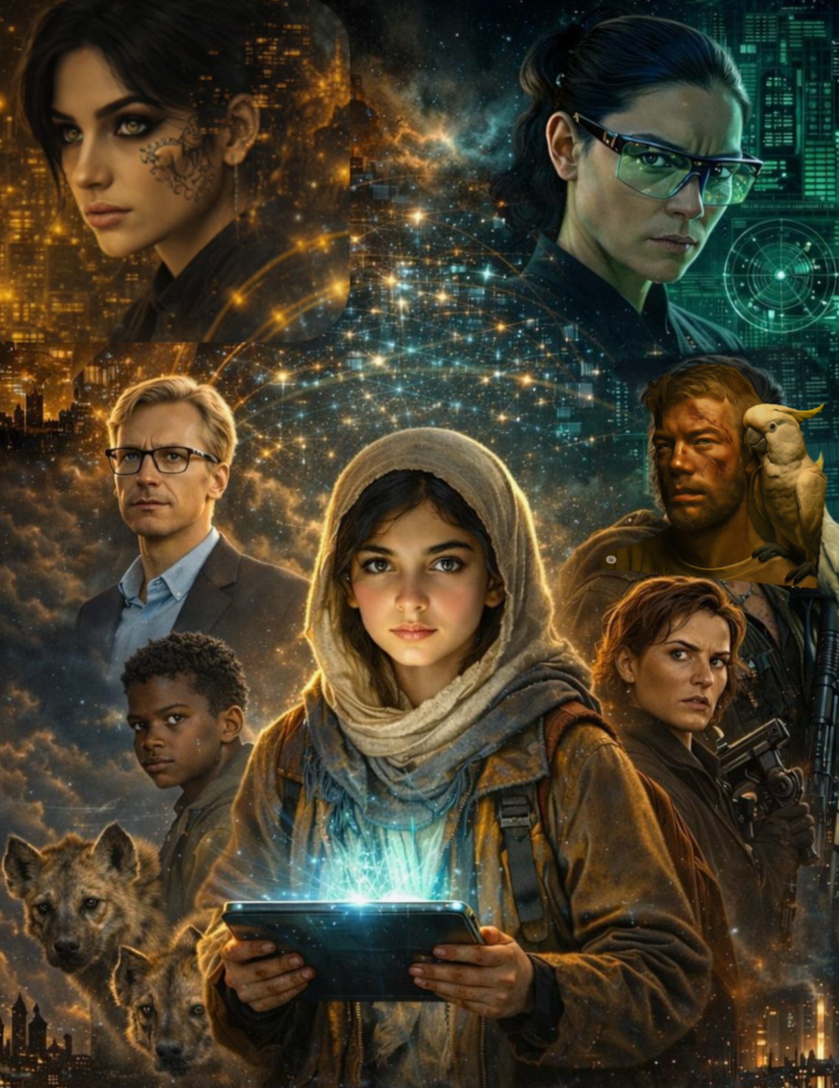 Poster for a sci-fi adventure featuring diverse characters including a young woman with a headscarf, a man with glasses, a woman with glasses and technological background, a young Black boy, a wolf, a dog, an older man, a woman with a gun, a man with a parrot, and a woman with a serious expression, set against a futuristic cityscape and glowing technological elements.