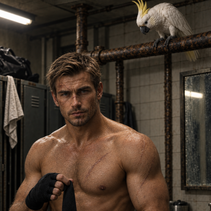 A shirtless man with scratches and scars on his face and chest, standing in an industrial setting with a white cockatoo perched behind him.