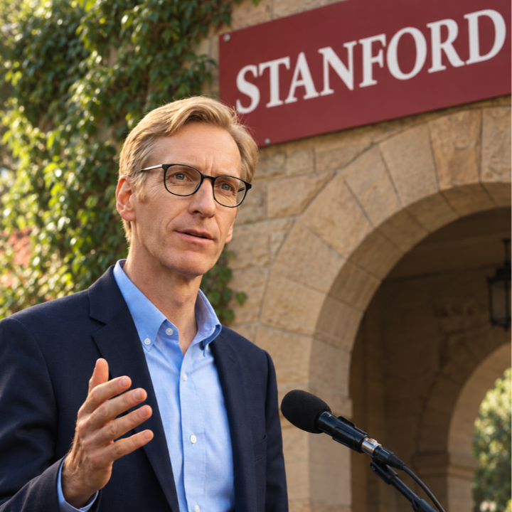 A man with glasses in a suit speaking at a podium outdoors, with a sign that says 'Stanford' in the background.
