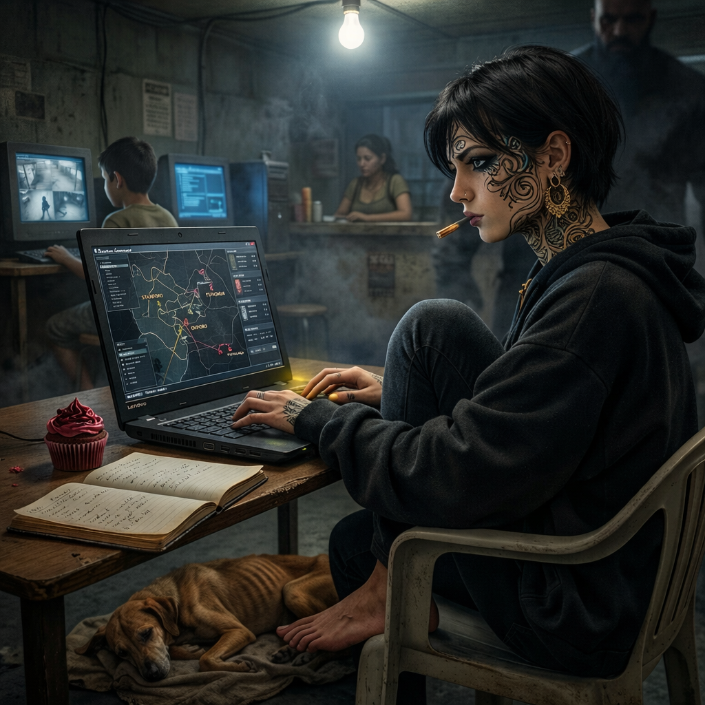 A woman with tattoos and dark makeup sitting at a desk using a laptop, smoking a cigarette, in a dimly lit, industrial-looking room. There are computers, a notebook, a cupcake, and a sleeping dog nearby.