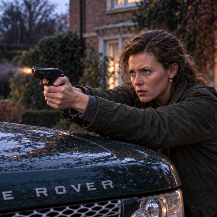 A woman with curly hair aiming and shooting a handgun from behind a car at dusk or night outdoors.