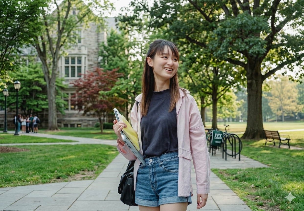 Chinese international student at U.S. America college holding laptop and smiling on walkway between school buildings