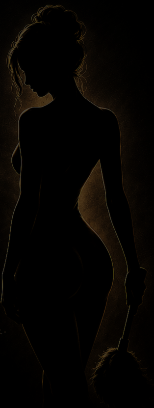 Silhouette of a woman holding a whip, with long hair tied up, standing in a dark background.