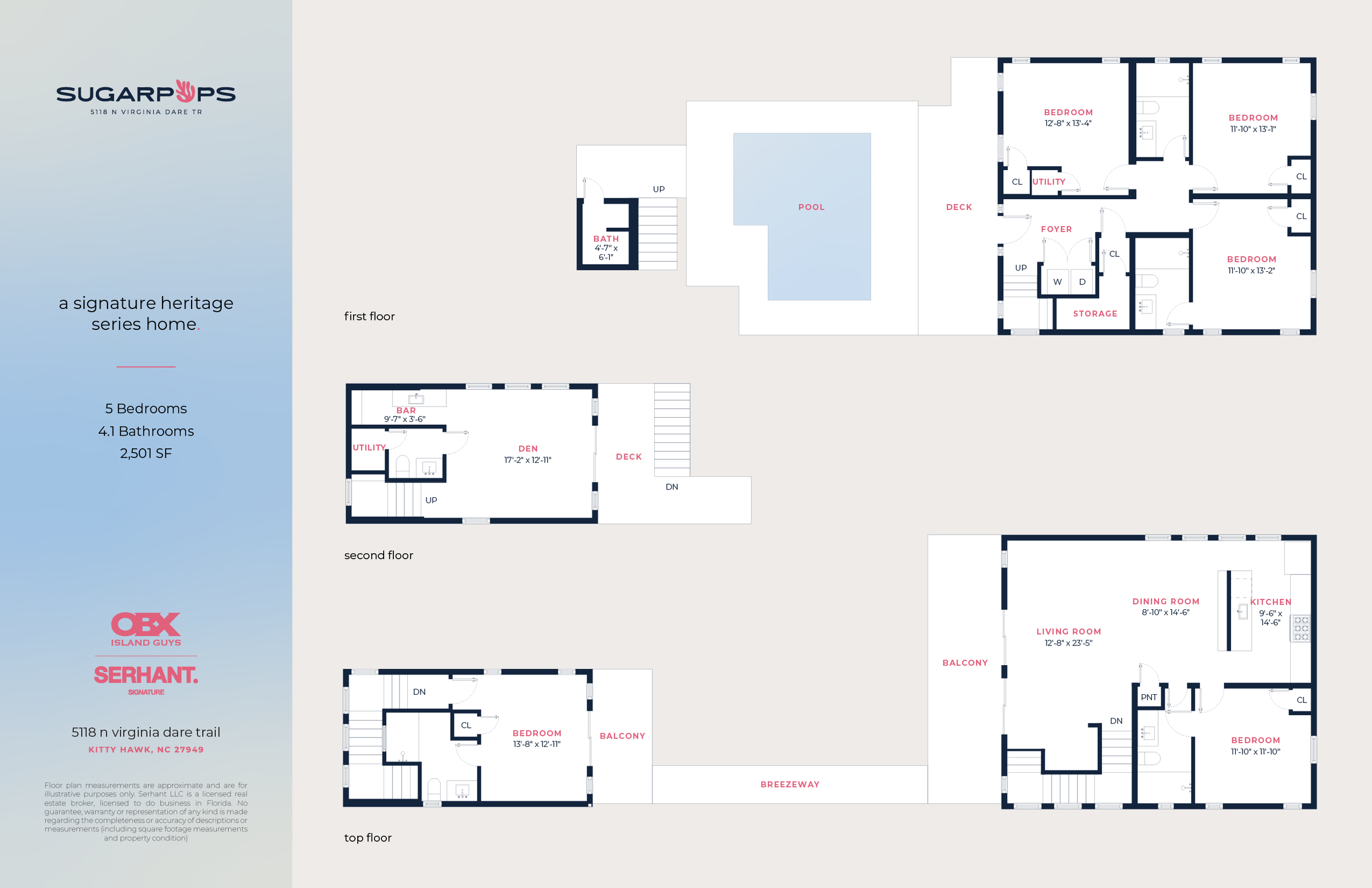 Floor plan of a multi-story home with labels for rooms, outdoor pool, decks, balcony, stairs, and utility areas. The house features five bedrooms, four and a half bathrooms, and a living room, kitchen, dining room, den, and several balconies.