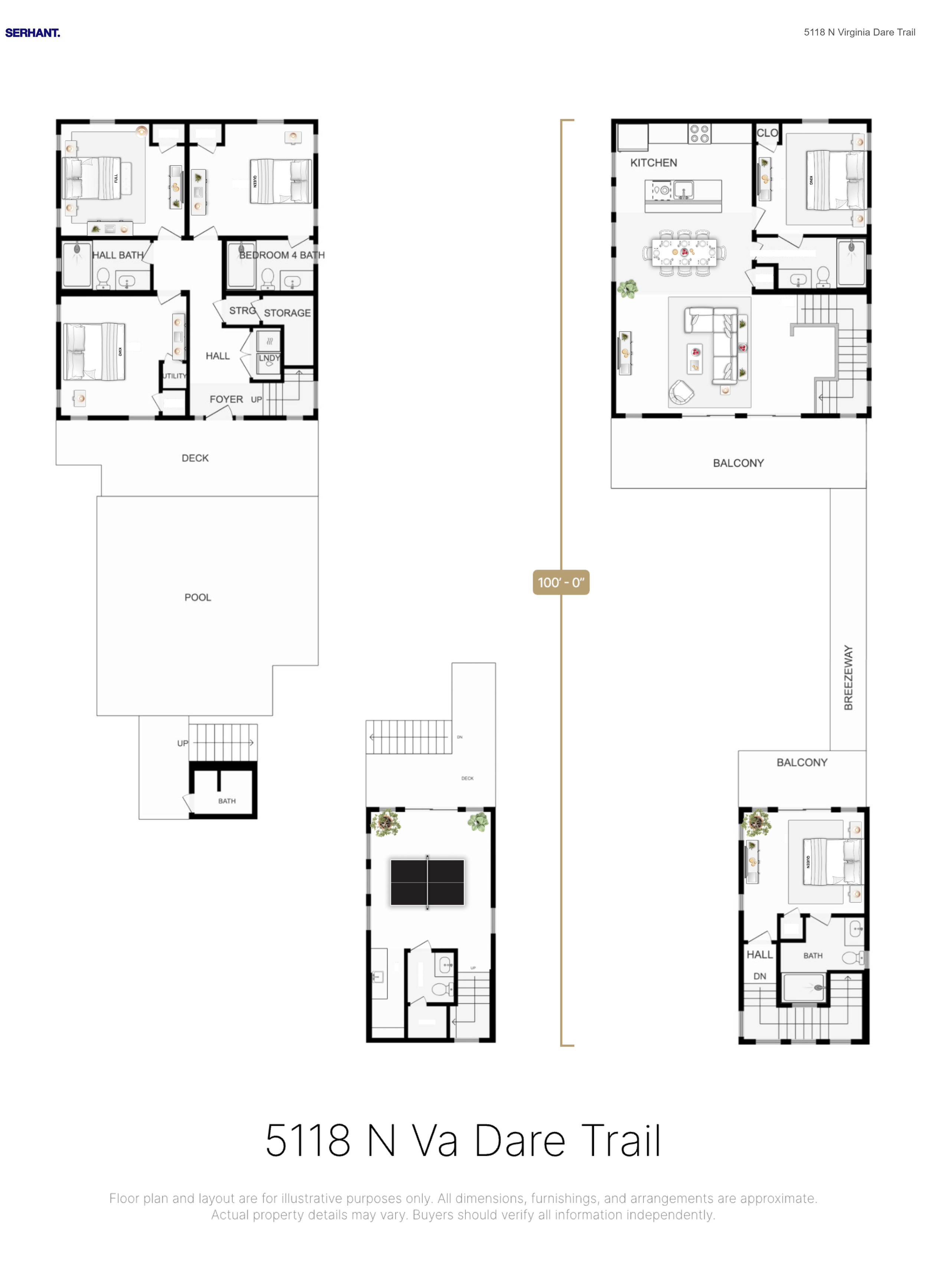 Floor plan of a multi-story house with an outdoor pool, deck, multiple bedrooms, bathrooms, kitchen, living room, balconies, and additional features. The property address is 5118 N Va Dare Trail.