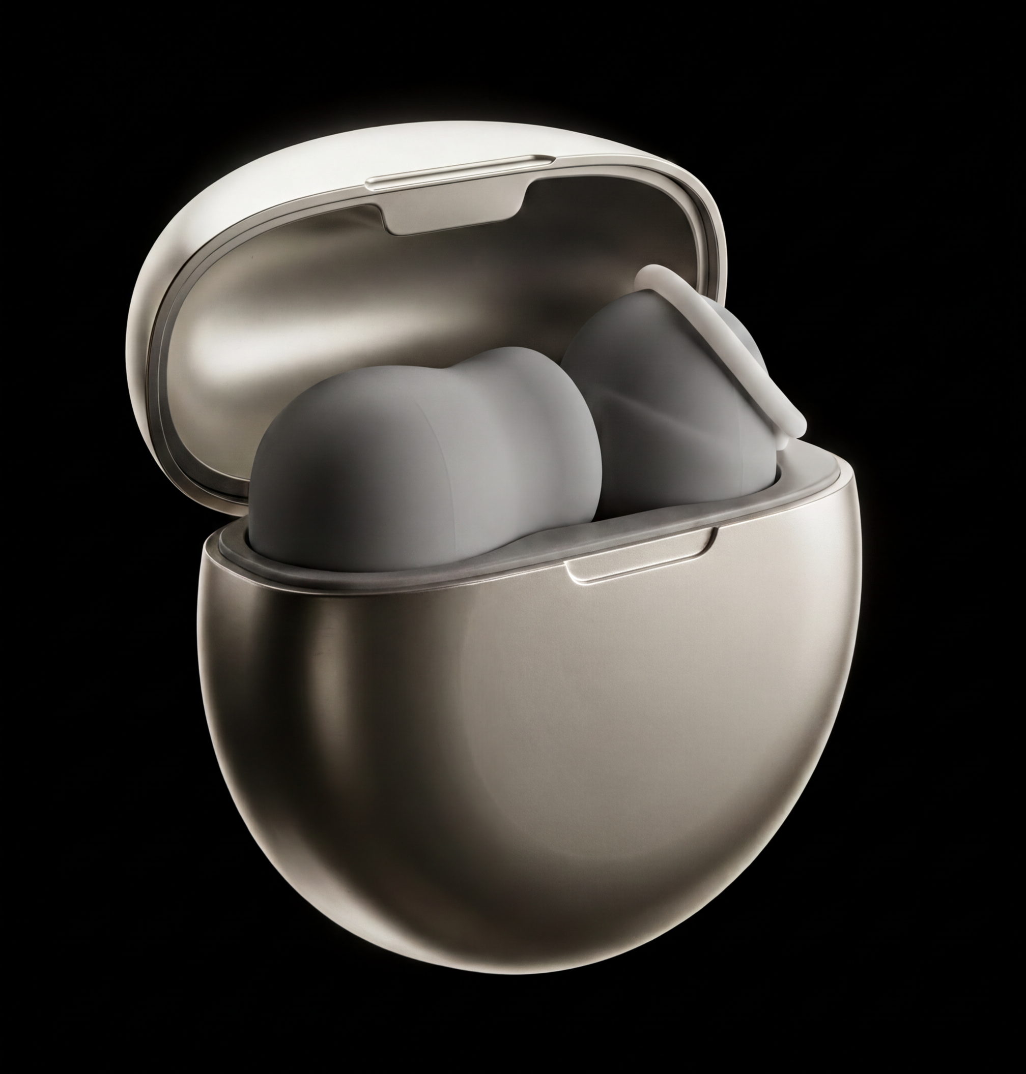 Wireless earbuds inside a charging case against a black background.