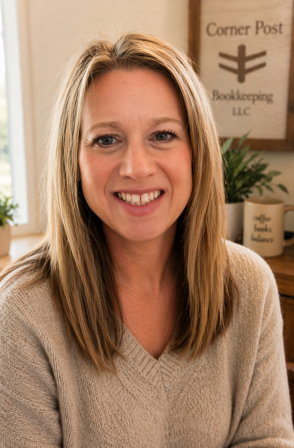 A woman with shoulder-length light brown hair and blue eyes smiling in a cozy indoor setting, with a wooden wall and a sign reading 'Corner Post Bookkeeping LLC' in the background.