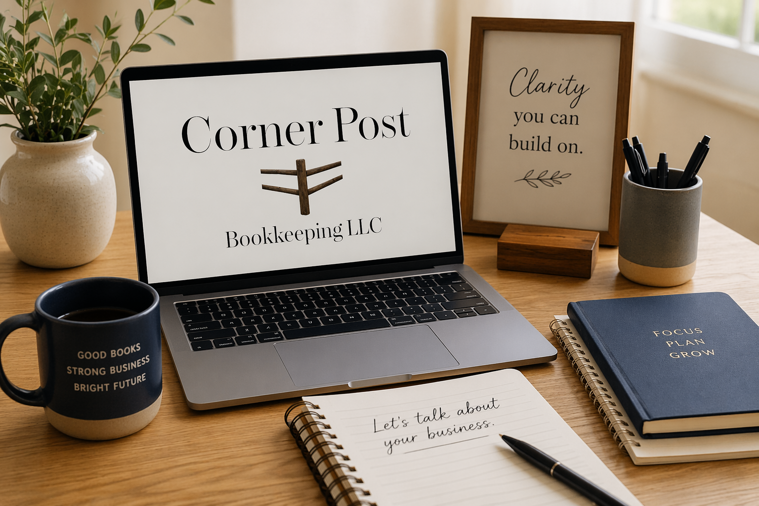 Desk with a laptop displaying 'Corner Post Bookkeeping LLC,' a potted plant, a framed quote 'Clarity you can build on,' a coffee mug with motivational phrases, a notebook with 'Let's talk about your business,' a blue planner titled 'Focus Plan Grow,' and a cup of pens.