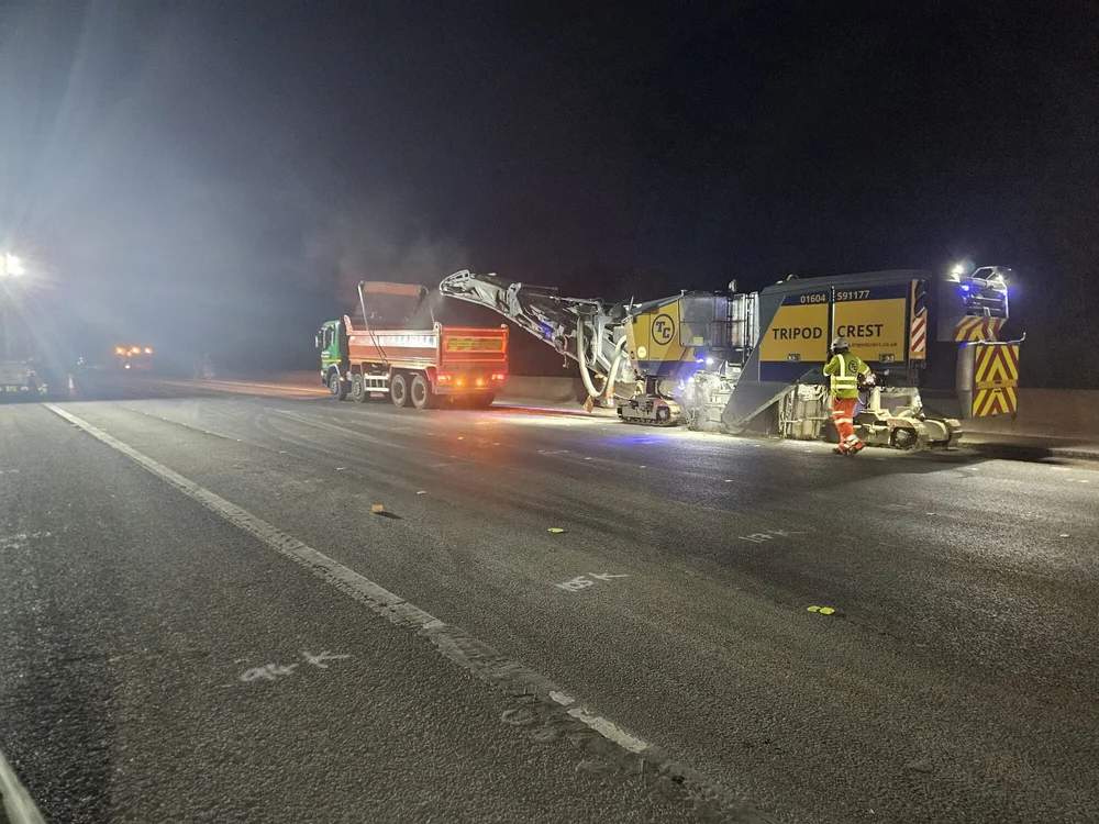 Planer working the M5 carriageway to InfraTek setting-out levels