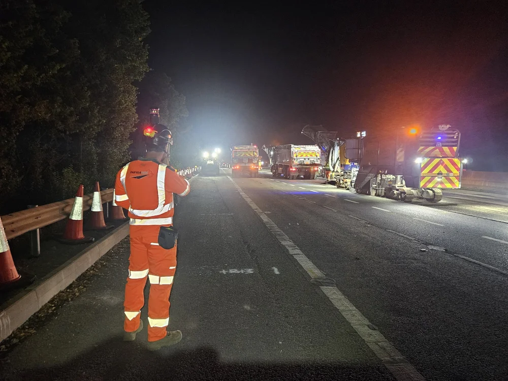 InfraTek engineer on a night carriageway resurfacing operation