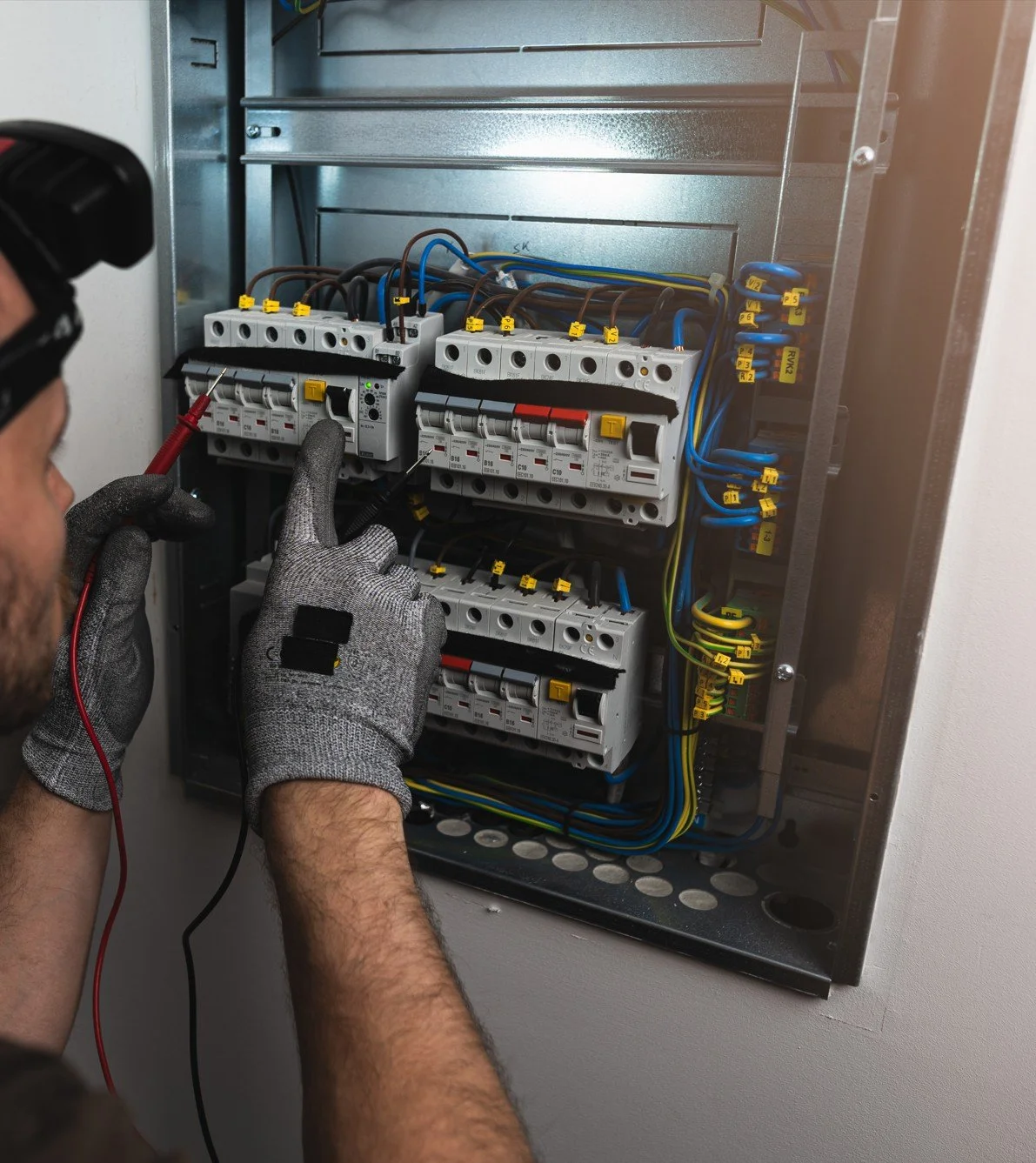 Un électricien travaillant sur un tableau électrique, utilisant un multimètre pour tester les connexions.