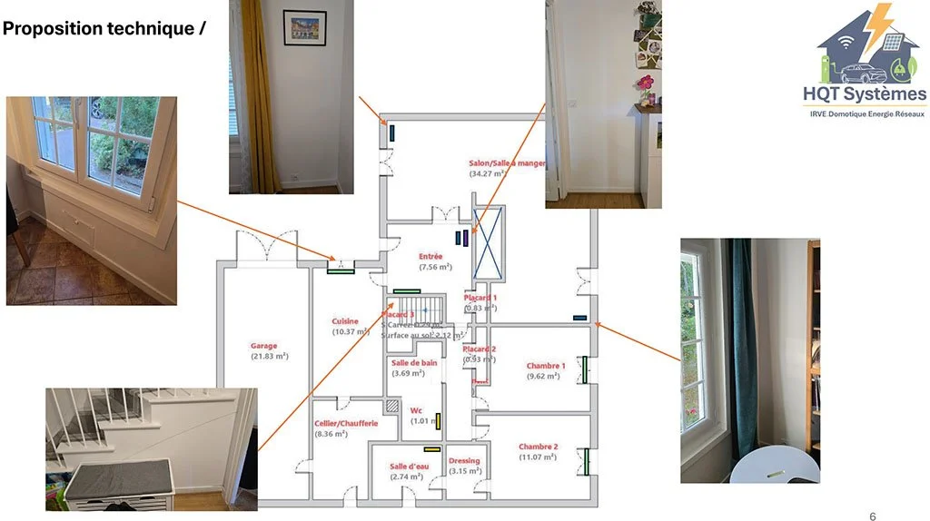 Plan d'une maison avec plusieurs pièces, incluant un garage, une cuisine, une salle de bain, un WC, deux chambres, un salon, une salle à manger, et un cellier/chaudière, avec des images des emplacements pour les futurs radiateurs