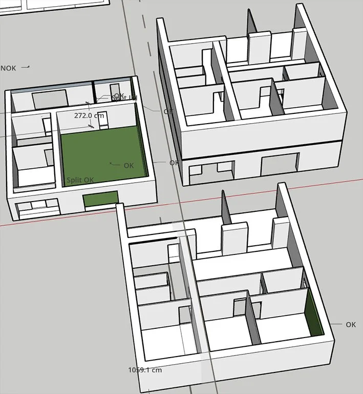 Plan d'une structure de logement avec différentes perspectives montrant des murs et des espaces intérieurs, incluant un espace vert.