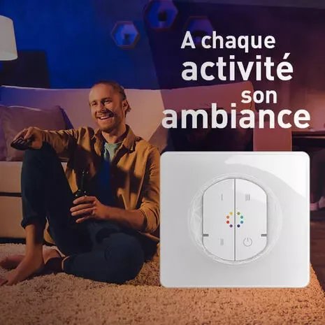 image montrant un homme souriant et détendu et une commande d'éclairage connecté Legrand