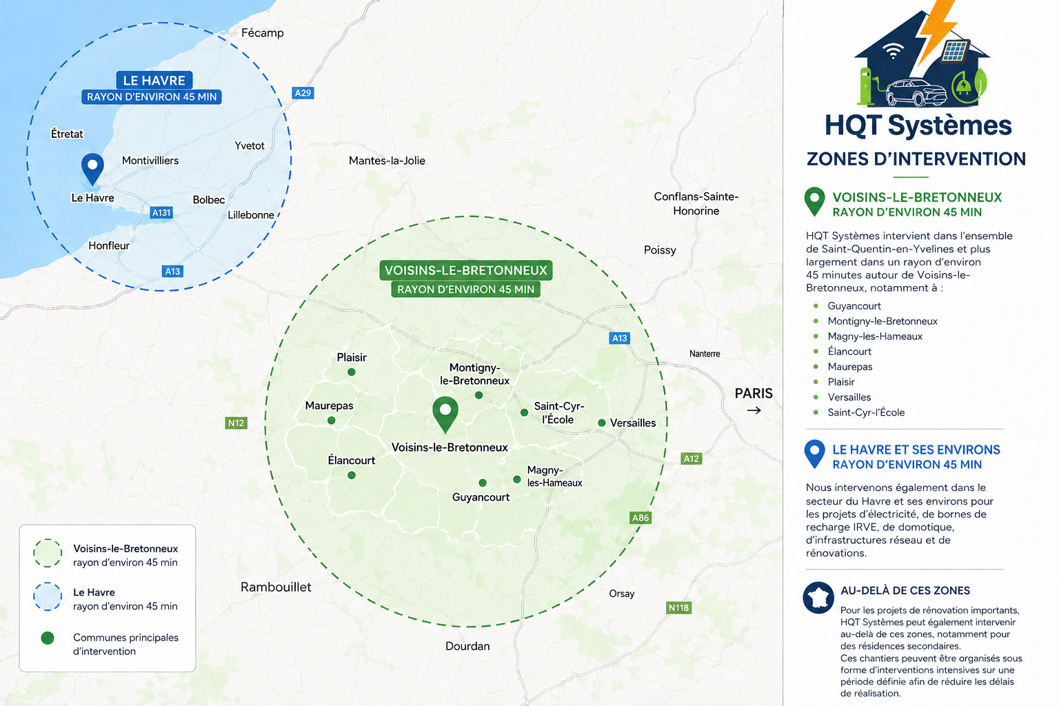 Carte montrant deux zones d'intervention pour HQTSystèmes : la zone de Voisins-le-Bretonneux en vert avec un rayon d'environ 45 minutes, et la zone de Le Havre en bleu avec un rayon d'environ 45 minutes. La carte indique également les principales communes dans chaque zone.