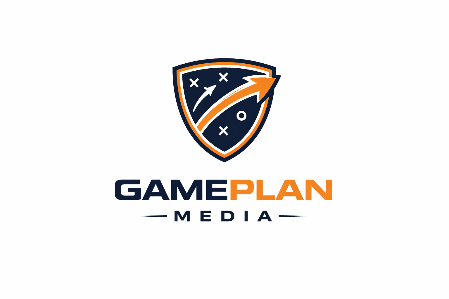 Logo for GamePlan Media featuring a shield with an arrow and strategic markings, with the company name in bold navy and orange text.