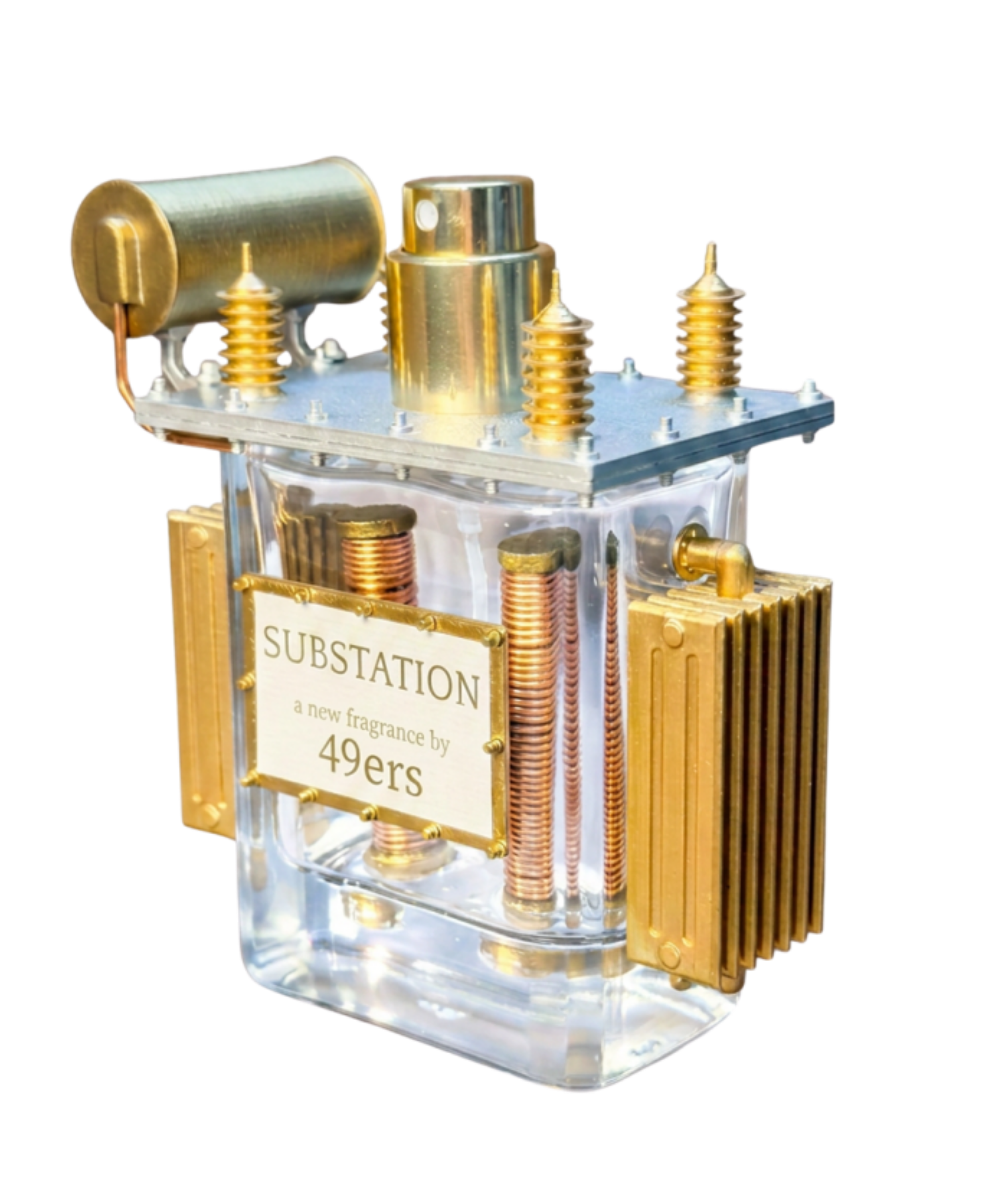 A decorative perfume bottle resembling a vintage atomic structure, with gold-colored metallic elements, glass body, and a label reading "SUBSTATION."