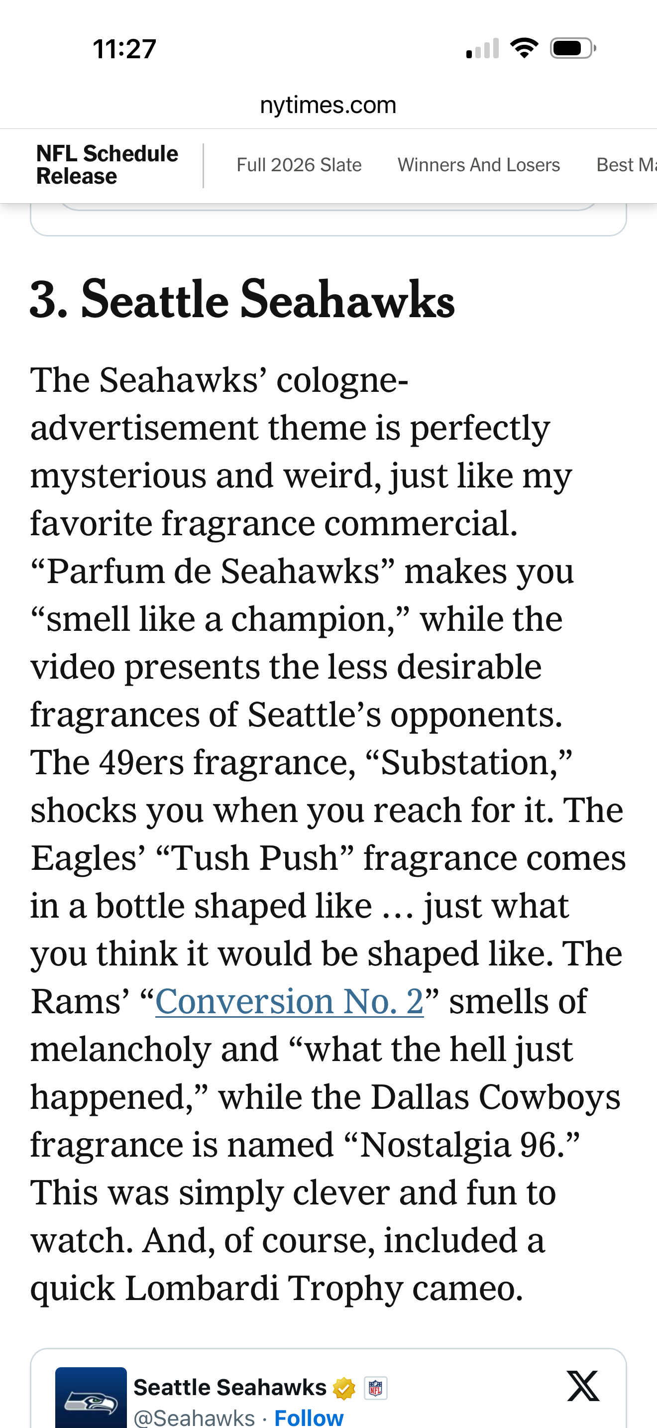 Screenshot of a web article titled 'NFL Schedule Release' from nytimes.com, highlighting the section about the Seattle Seahawks, with a tweet from the Seattle Seahawks Twitter account at the bottom.
