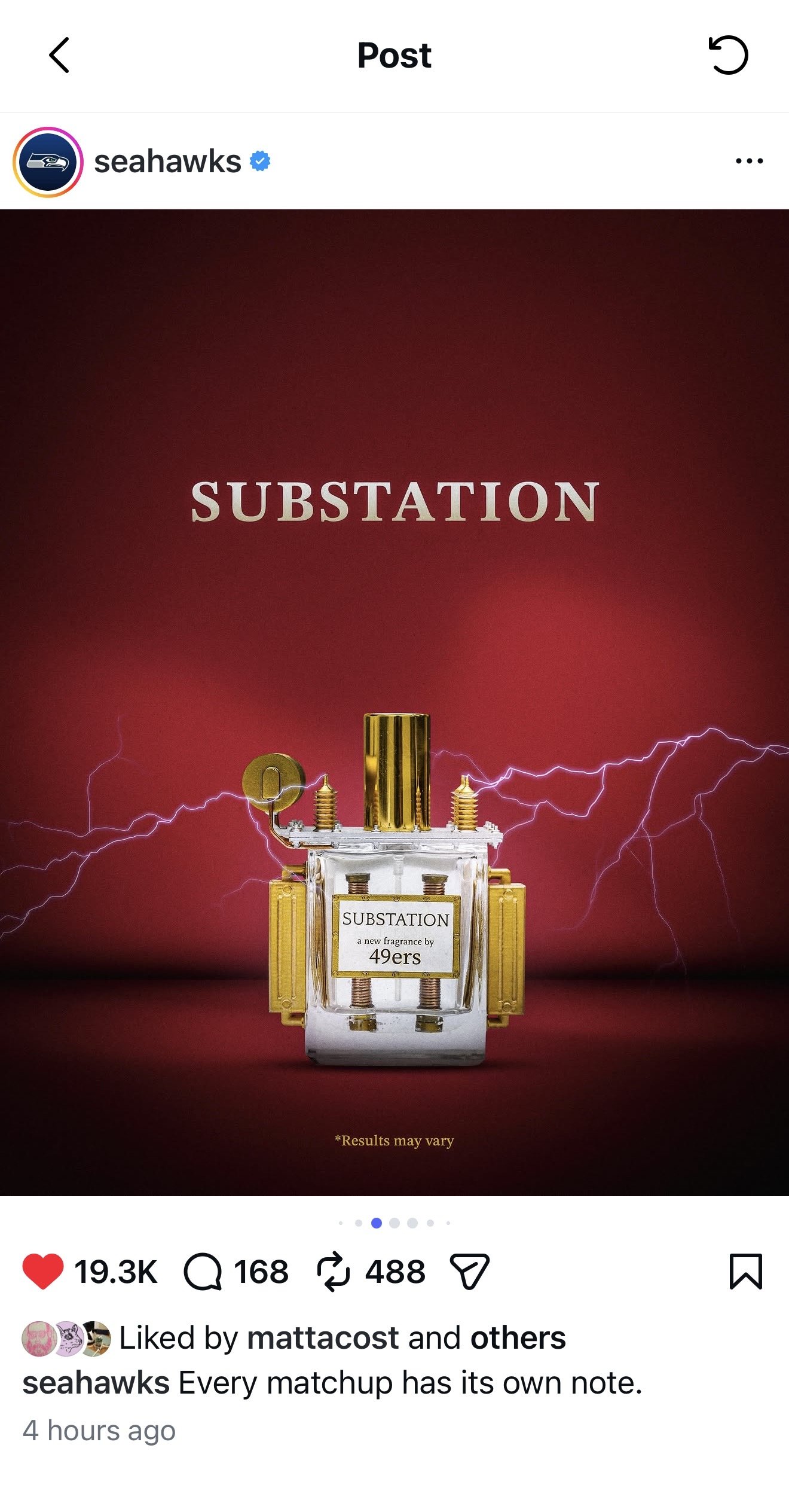 A perfume bottle labeled 'SUBSTATION' with lightning graphics in the background.