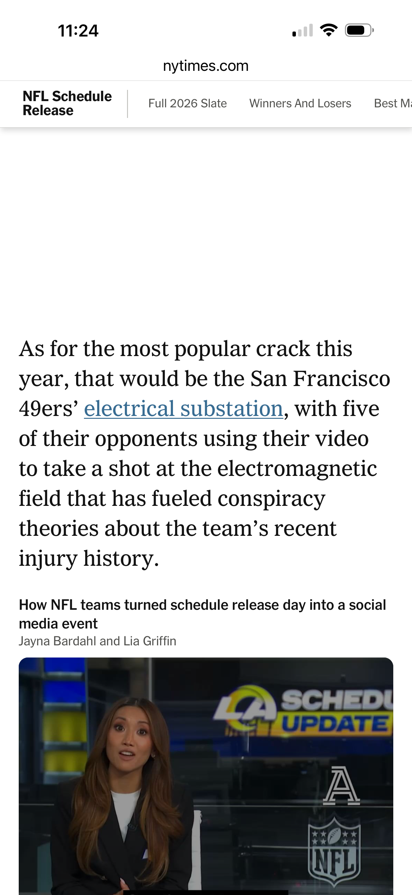 Screenshot of a news article on nytimes.com discussing a conspiracy theory about the San Francisco 49ers' electrical substation, featuring a news anchor on a TV set with NFL and LA SCHEDULING UPDATE logos.