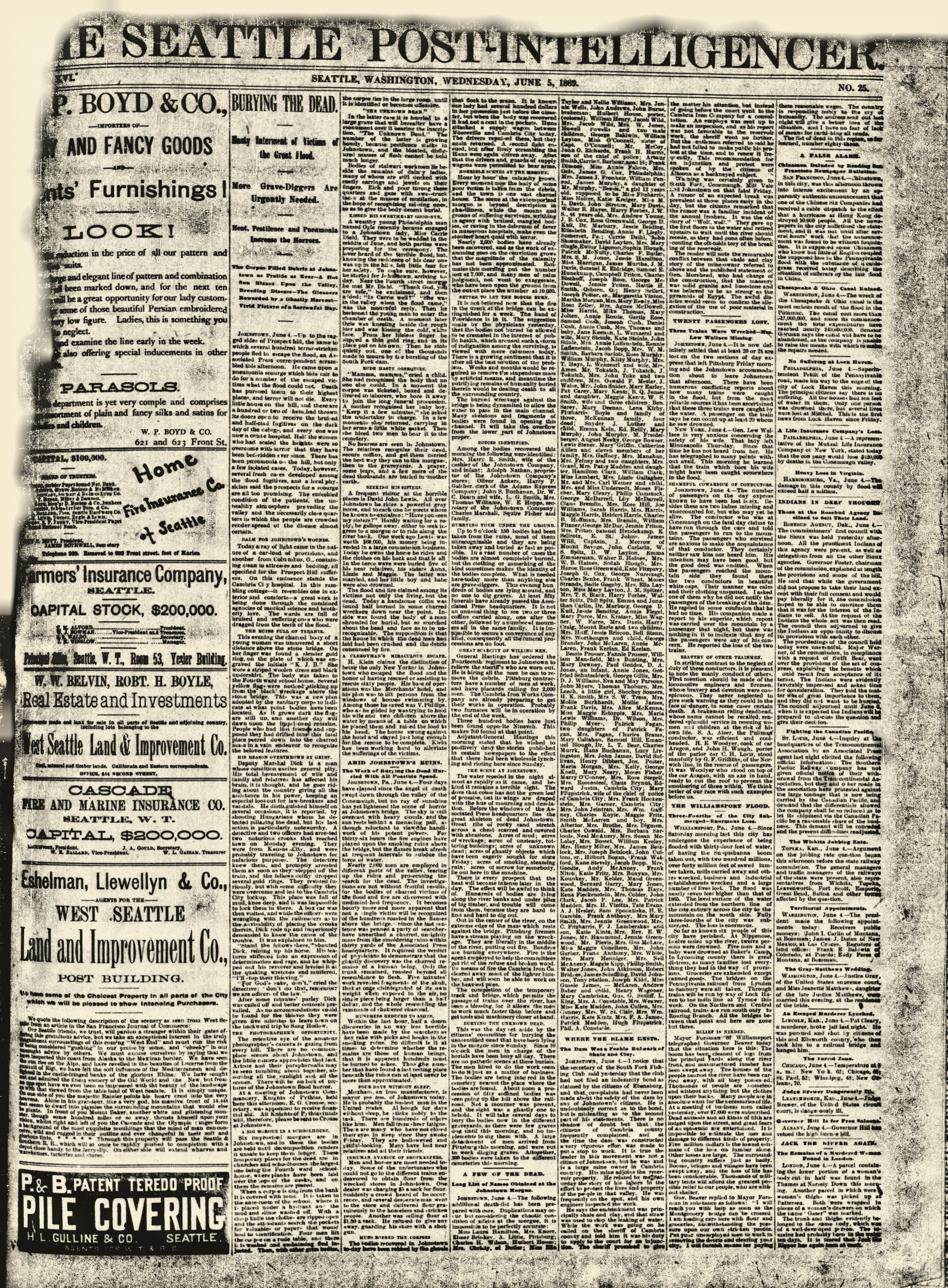 The front page of The Seattle Post-Intelligencer newspaper dated Wednesday, June 5, 1889