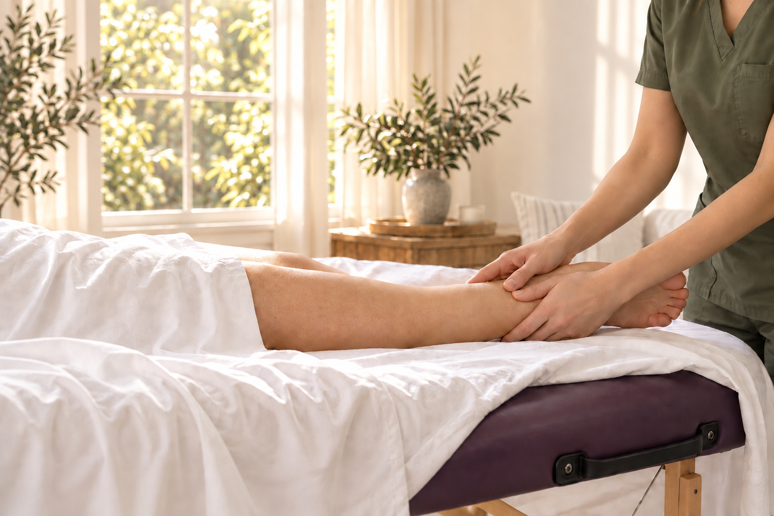 Illustrative image of in-home lymphatic treatment with white sheets and a purple portable massage table