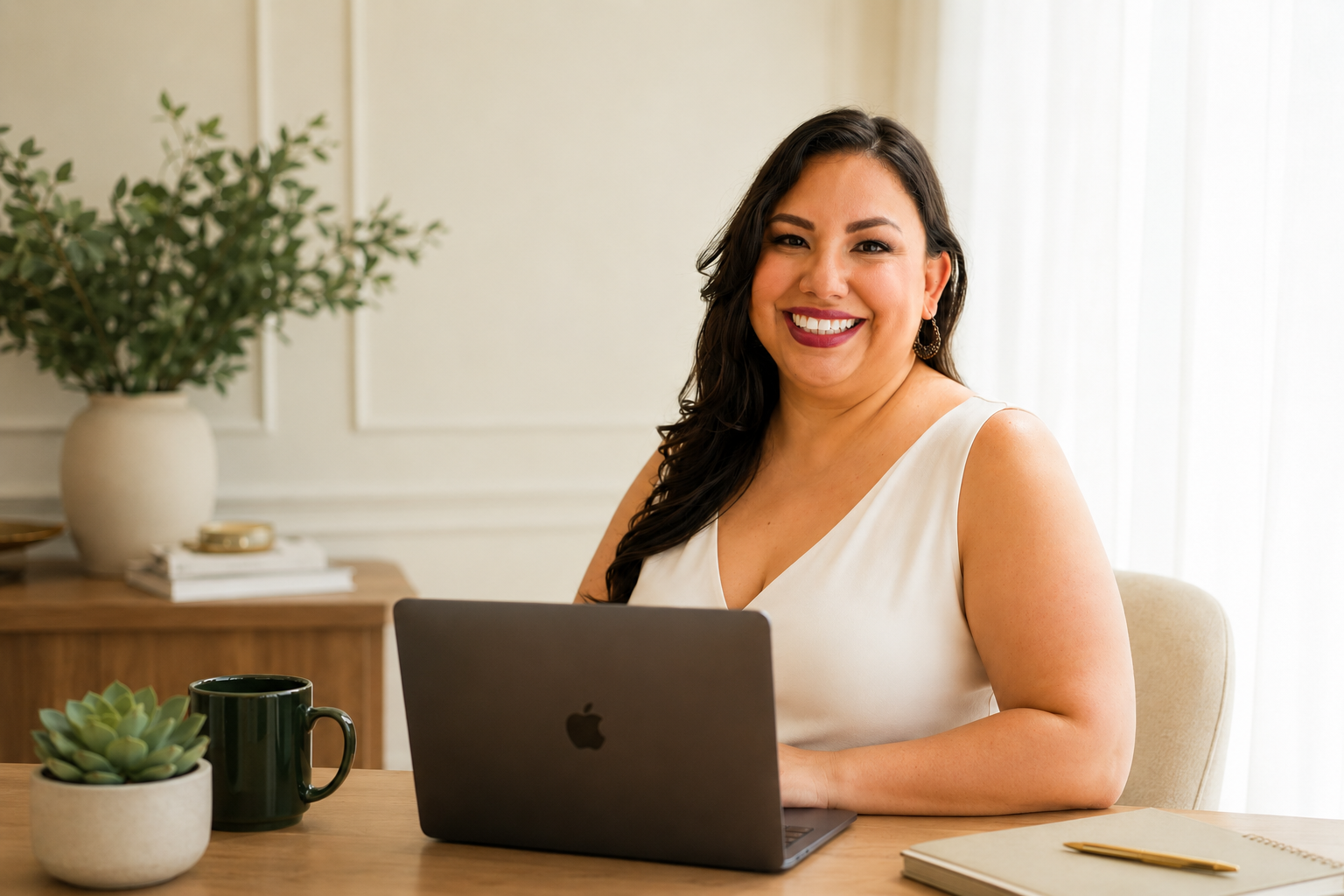 Nicole Merchan sitting at a desk with an open laptop, smiling, in a well-lit room with plants and books.