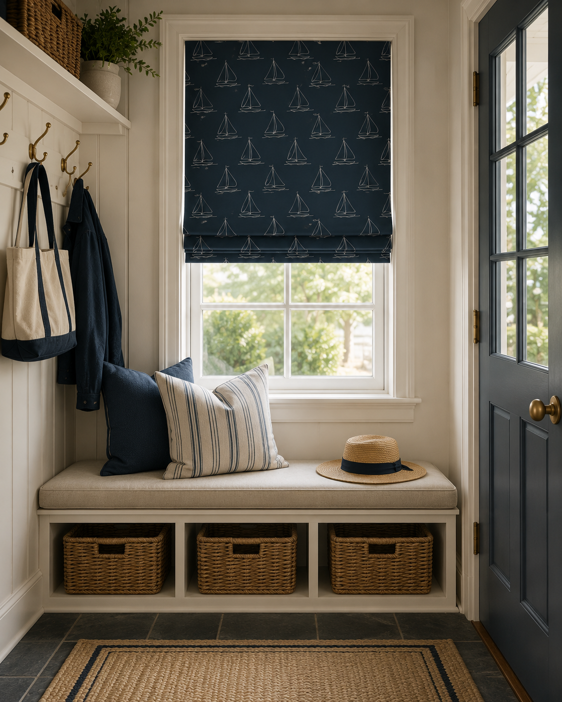 A side entryway with a white bench, navy cushions, a straw hat, and woven baskets under the bench. There is a window with a blue nautical-patterned Roman shade and a blue front door with gold hardware. To the left, a white wall with hooks holds a tote bag and jacket, with a shelf above containing a potted plant.