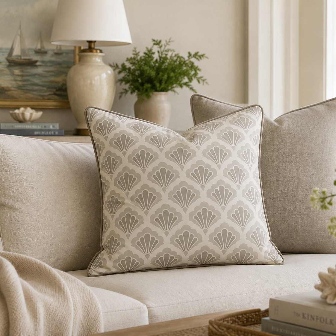 Decorative square throw pillow with a cream scallop pattern on a beige sofa in a living room.