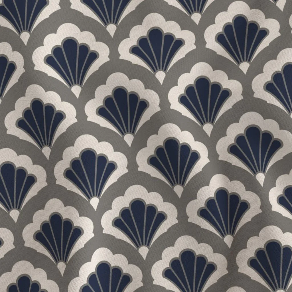 Pattern featuring stylized navy blue and white shells on a gray background.