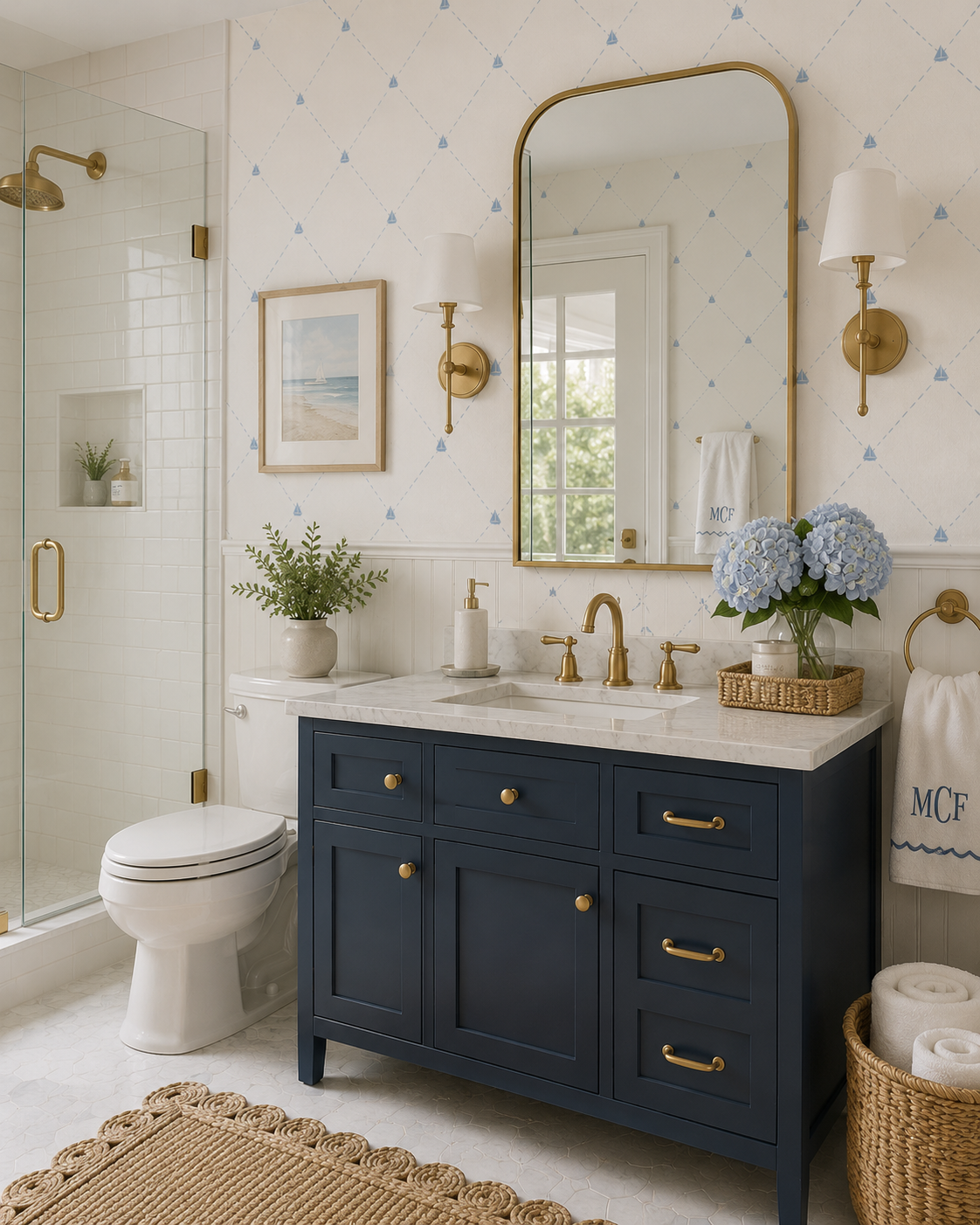 Bathroom with navy blue vanity, gold hardware, and a marble countertop. There are two wall sconces, a large mirror, a framed beach art, and a window. The shower has a glass door with gold accents, and there is a potted plant on the toilet tank. A basket with rolled white towels and a vase of blue hydrangeas are also visible.